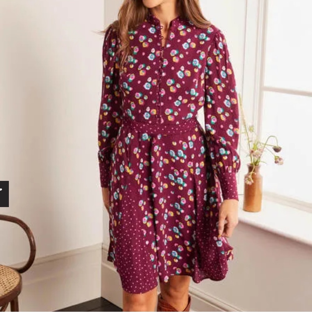 Boden Burgundy Floral Long Sleeve Dress - Picture 8 of 11
